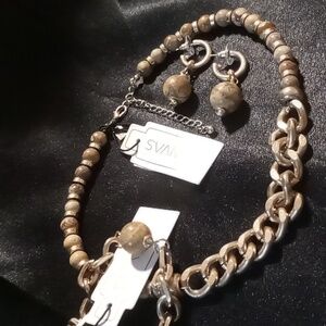 Canvas natural agate stone necklace earrings & bracelet set gold tone